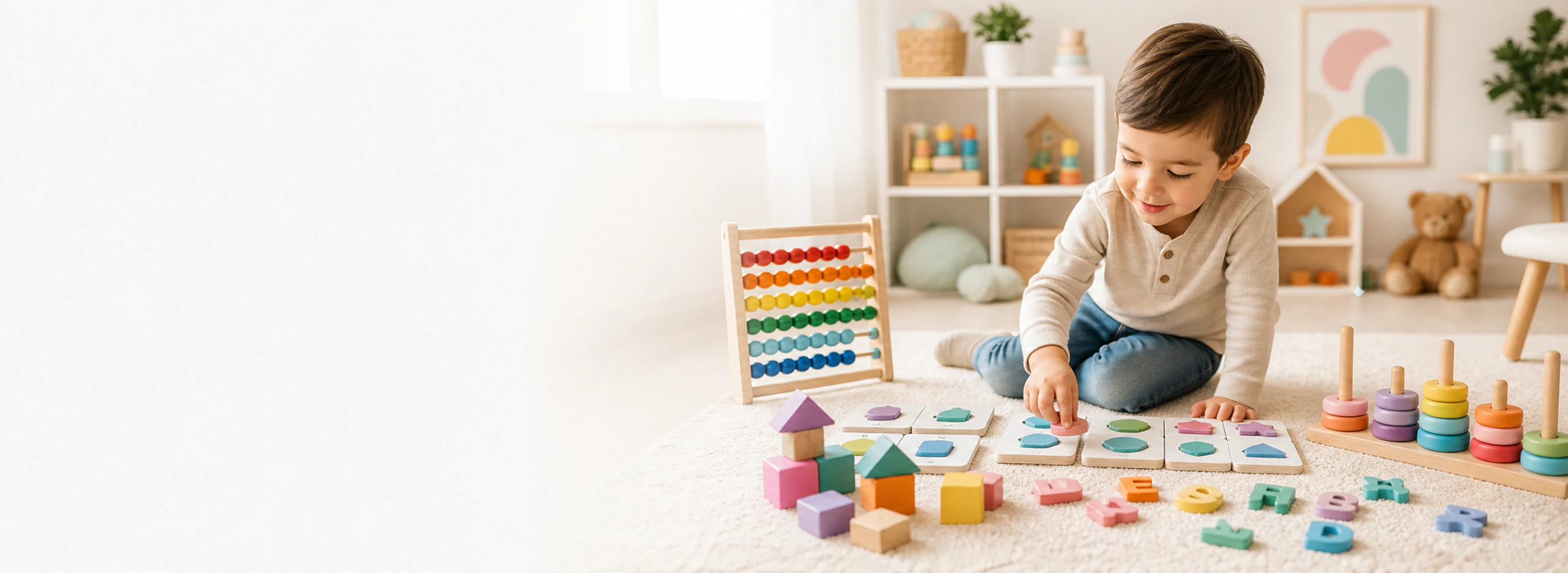 Niño jugando con un ábaco, bloques y figuras de madera